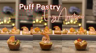 a platter of appetizing food with made with puff pastry and shrimp, chicken and smoke salmon