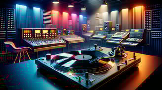 Sleek modern music studio featuring a vinyl turntable and advanced mixing gear illuminated by neon lights.