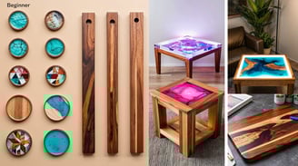contrasting sets of resin-wood projects displayed side by side. On the left, beginner-friendly small items.