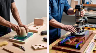 a beginner sanding wood and pouring resin into a simple mold with basic tools.