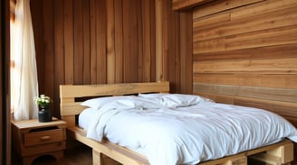a bed with a pallet wooden headboard