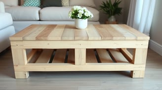 a pallet coffee table with a vase of flowers