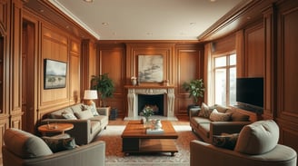 a living room with a fireplace and a tv