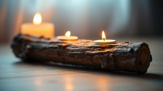 log candle holder with lit candles