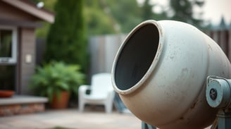 a cement mixer with a large potted planter