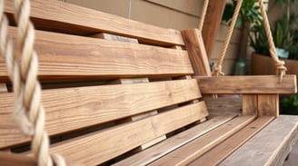 a wooden swing - back bench with a rope tied to it, made out of pallets