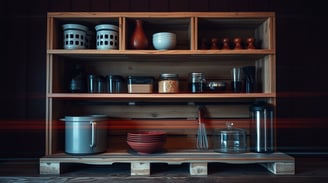 a shelf with wooden shelf with dishes and bowls a