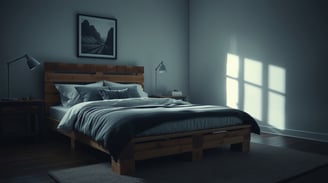 a bed frame made of pallets and a lamp