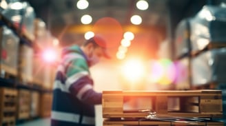 a man in a warehouse checking out pallets