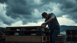 a man in a gray shirt is standing in front of a pile of pallets
