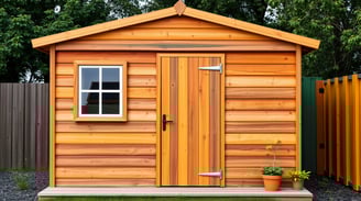 a wooden shed and a potted planter
