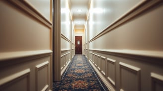 a hallway with a door leading to a door way with wainscoting