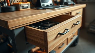 a wooden desk with an open drawer