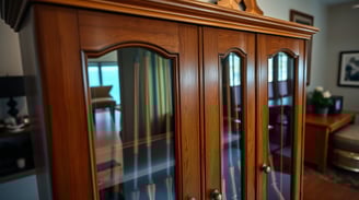 a cabinet with a glass doors