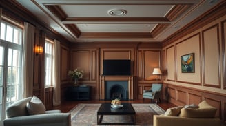 a living room with a fireplace and a television