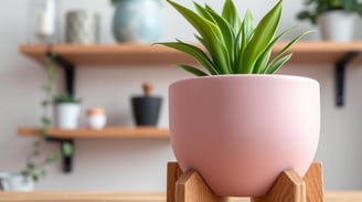 a planter with a plant in a pink potted planter