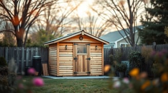 a small wooden shed in a backyard