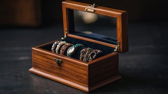 a wooden jewelry box with a ring on it