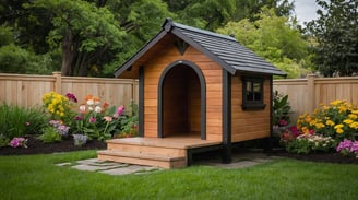 A dog house in the grass