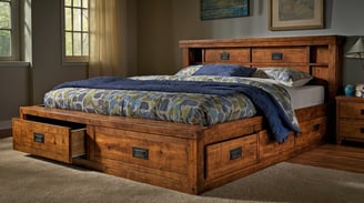 a bed with a wooden bed frame and drawers