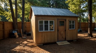 a small wooden shed with a metal roof