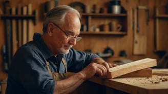 a man in a blue shirt is holding a piece of wood