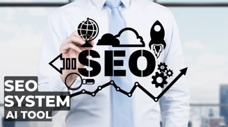 a man in a white shirt standing and pointing to an SEO symbol