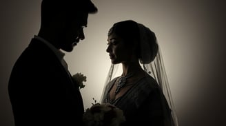 a bride and groom standing in silhouettes of their heads