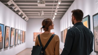 a man and woman looking at paintings