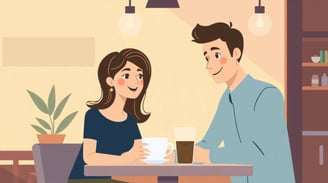 a man and woman sitting at a table with coffee