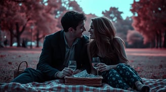 a man and woman sitting on a blanket in a park