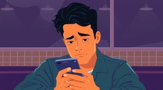 a man in a blue jacket is holding a cell phone