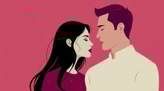 a man and woman in front of a pink background