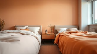 a bedroom with two beds and a vase with flowers