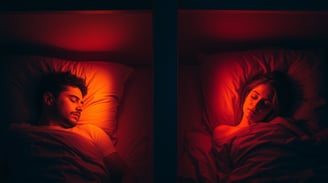 a man and a woman sleeping in a bed with a red light