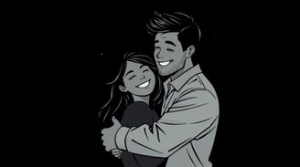 a man and woman hugging and smiling