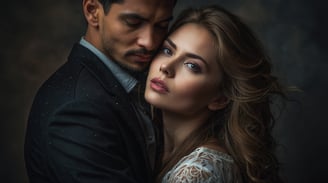 a man and woman embracing in a studio