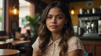 a woman sitting at a table with a cup of coffee
