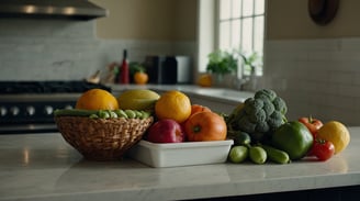 a bunch of fruits and vegetables in a kitchen
