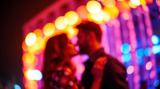a couple kissing in front of a colorful light