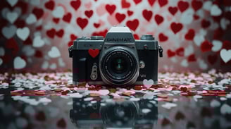 a camera surrounded by hearts