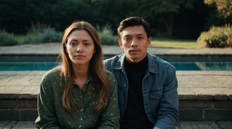 a man and woman sitting on a bench in front of a pool