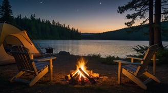 two chairs and a fire pit overlooking a lake
