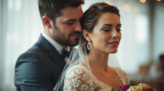 a bride and groom standing in a church