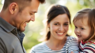 a man and woman holding a baby in a park