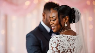 a bride and groom standing in front of a pink backdrop
