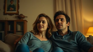 a man and woman sitting on a couch watching tv