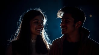 a man and woman smiling and looking at each other
