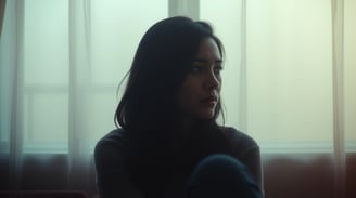 a woman sitting on a couch in a room