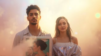 a man and woman holding a picture of a portrait of a woman